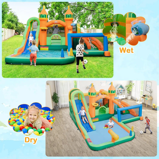 Kids inflatable water slide for yard with blower, bright orange, green and blue playset on Tampa Home & Garden Store