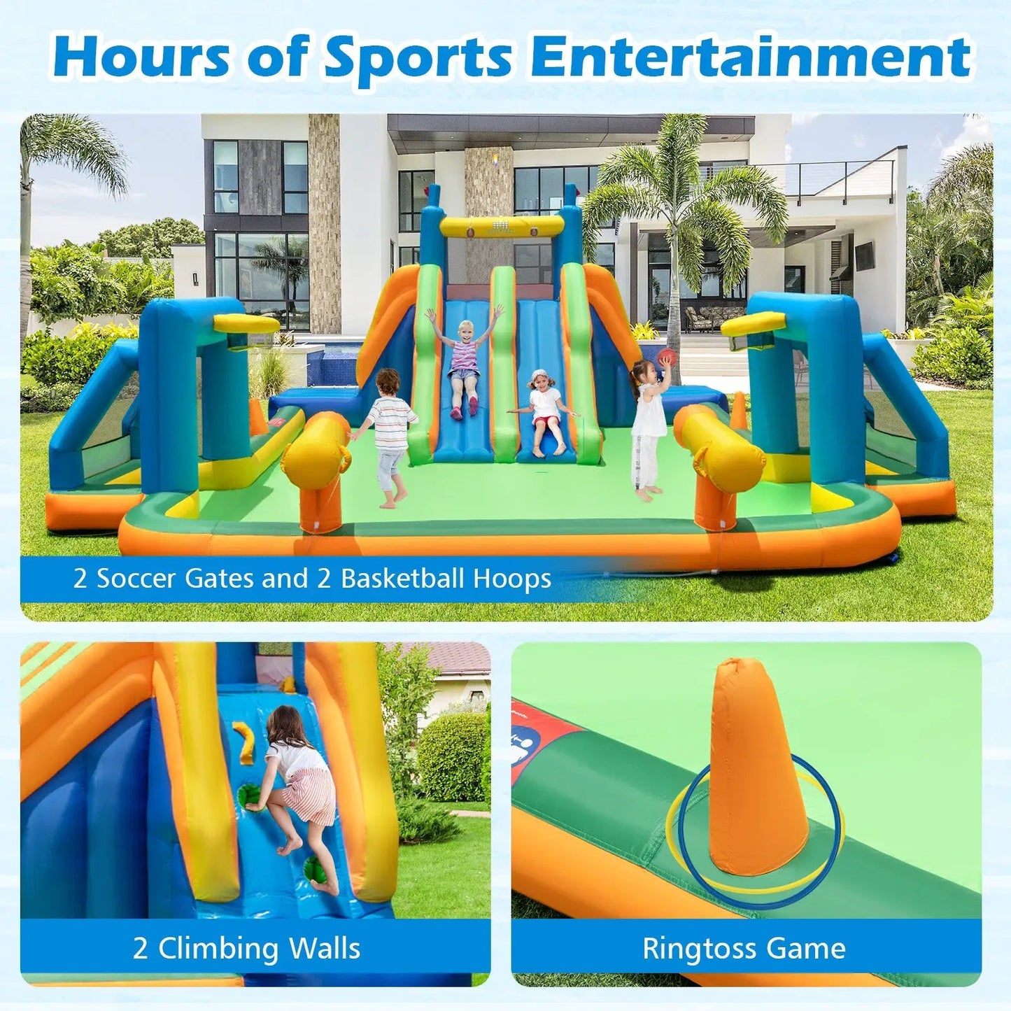 Kids inflatable water slide with 2 long slides in blue, orange and green for backyard fun on Tampa Home & Garden Store