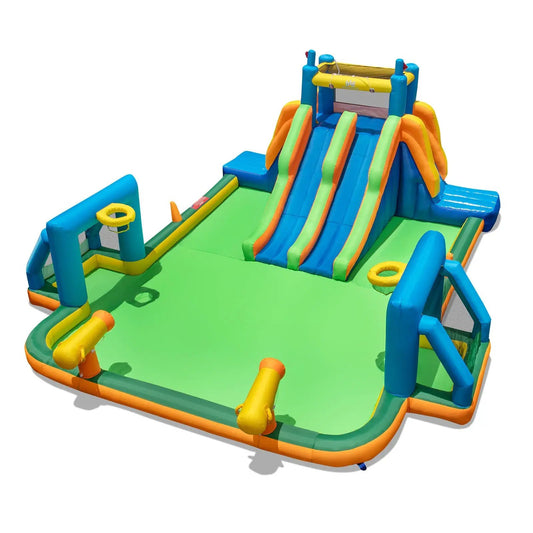 Kids inflatable water slide with 2 long blue slides, bright green base and yellow accents on Tampa Home & Garden Store