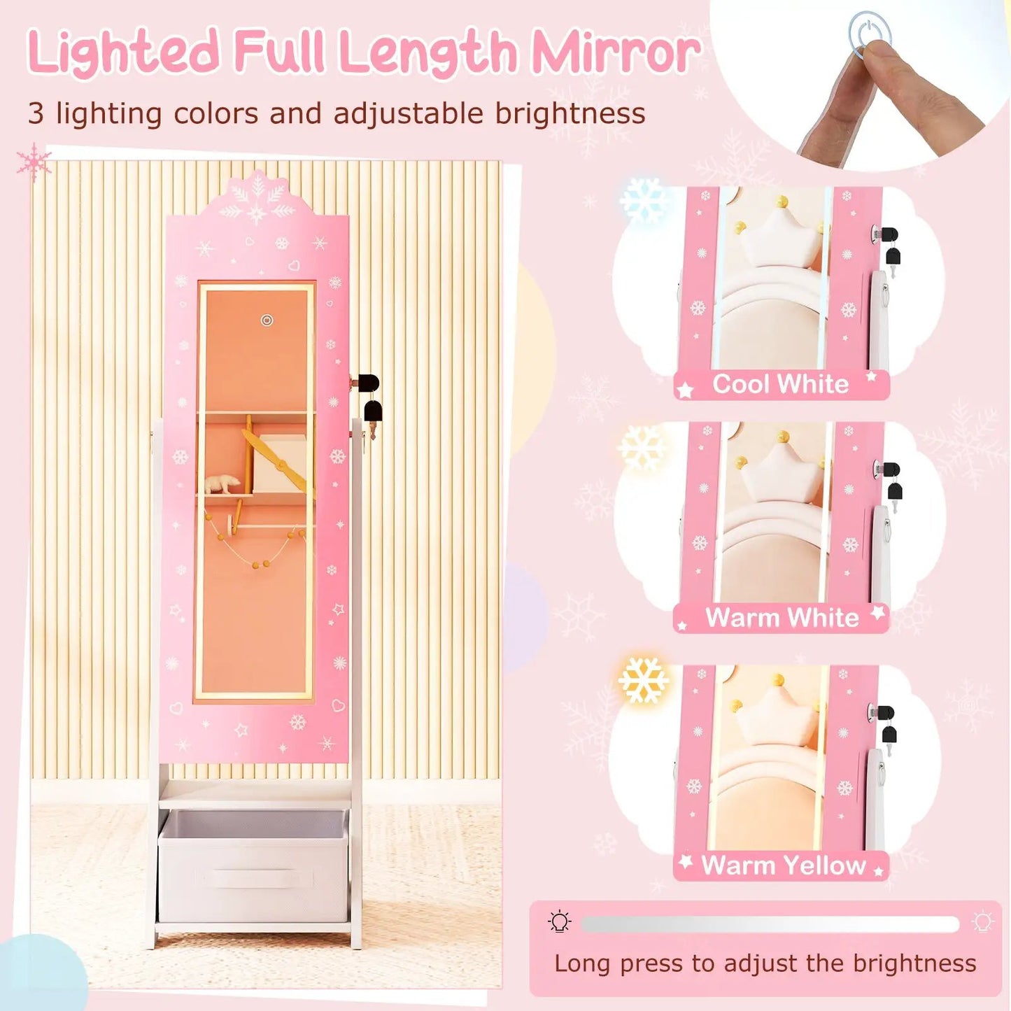 Kids Jewelry Armoire with 3-color lighted mirror, pink cabinet, DirectDeals on Tampa Home & Garden Store