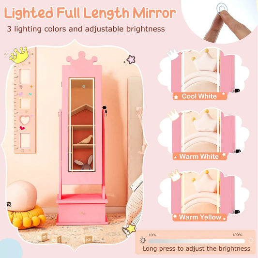 Pink kids jewelry armoire with lighted full-length mirror and crown accent by DirectDeals on Tampa Home & Garden Store
