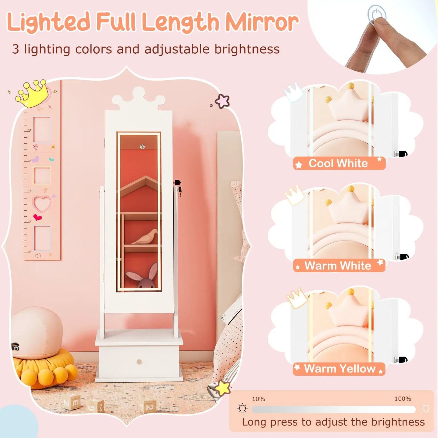 DirectDeals Kids Jewelry Armoire with Lighted Full-Length Mirror in pink and white with LED on Tampa Home & Garden Store