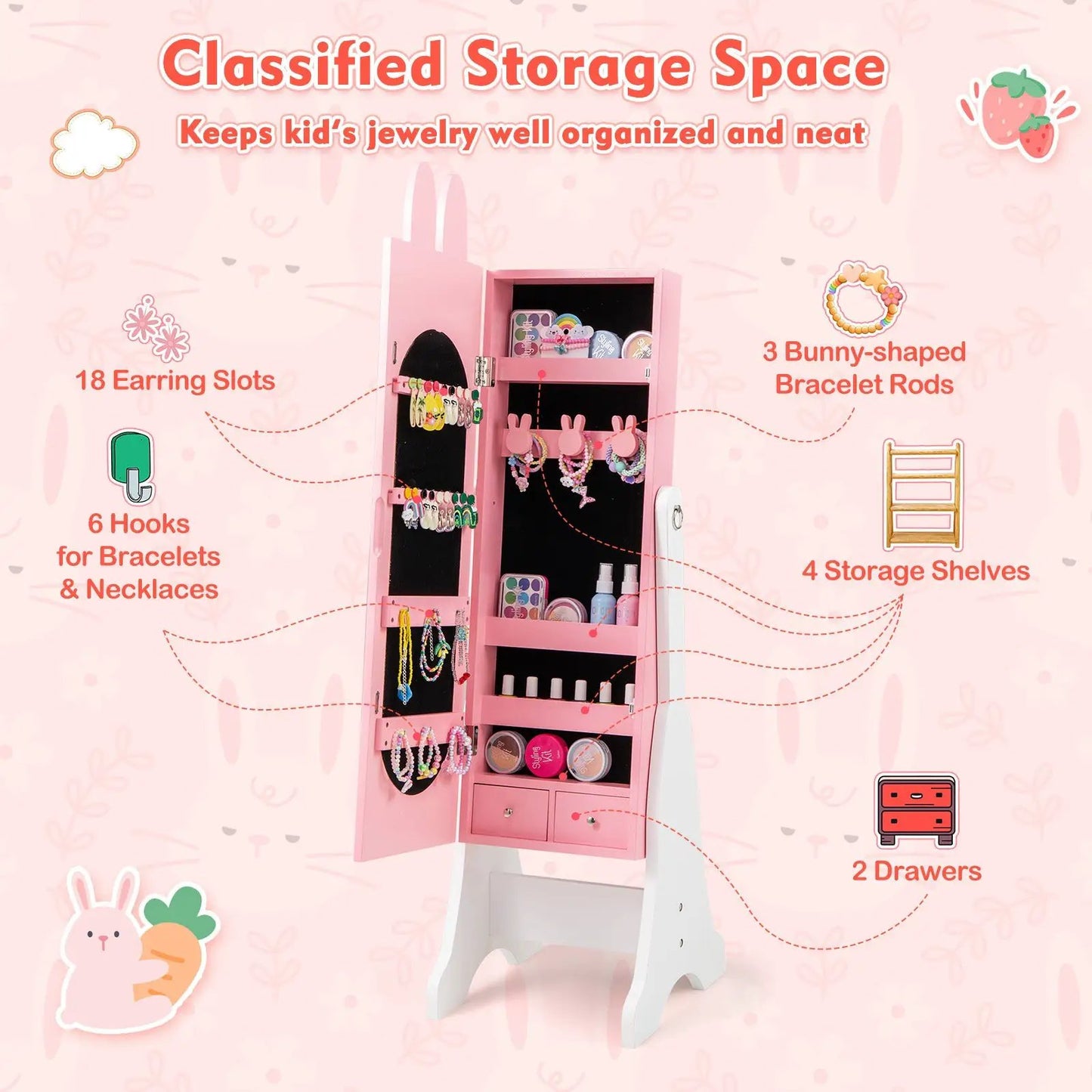 Pink Kids Jewelry Armoire Cabinet with 2 Tilt Angles, 18 Earring Slots, DirectDeals on Tampa Home & Garden Store