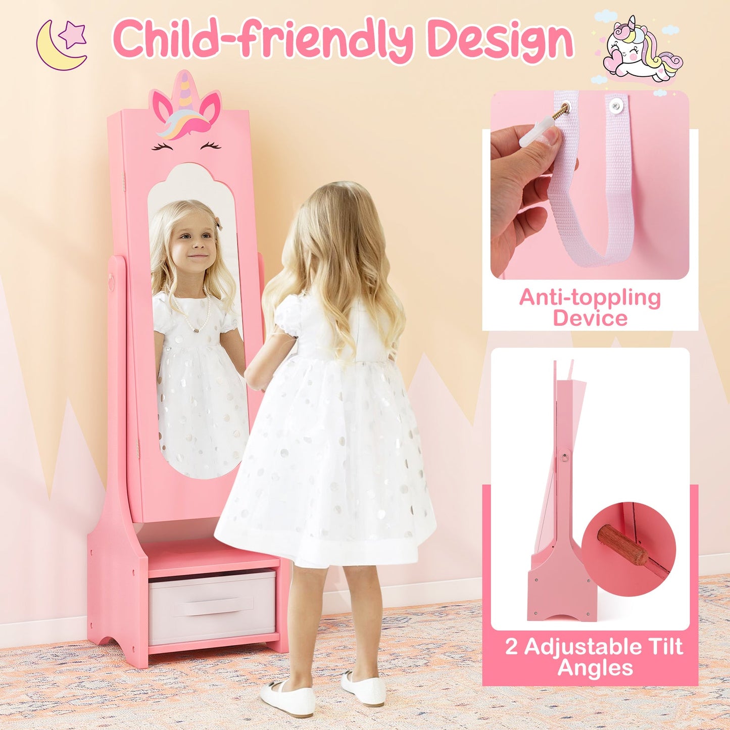 Kids Jewelry Cabinet with Full-Length Mirror for Kids Bedroom and Playroom