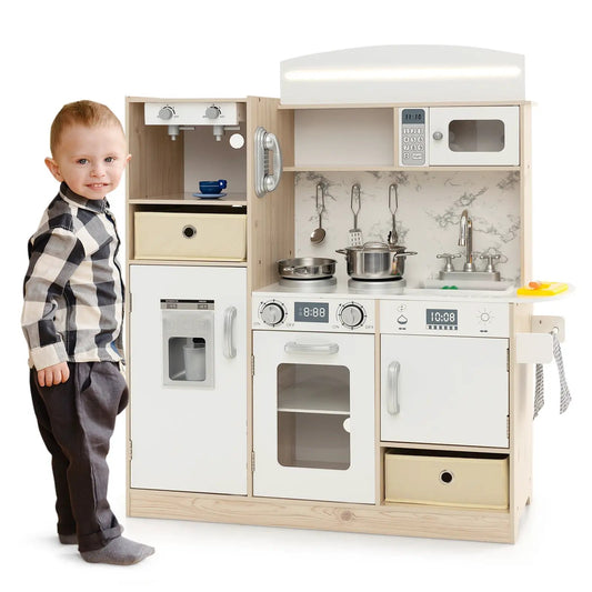 Kids Kitchen Playset with adjustable LED lights, wooden frame, stove and sink on Tampa Home & Garden Store