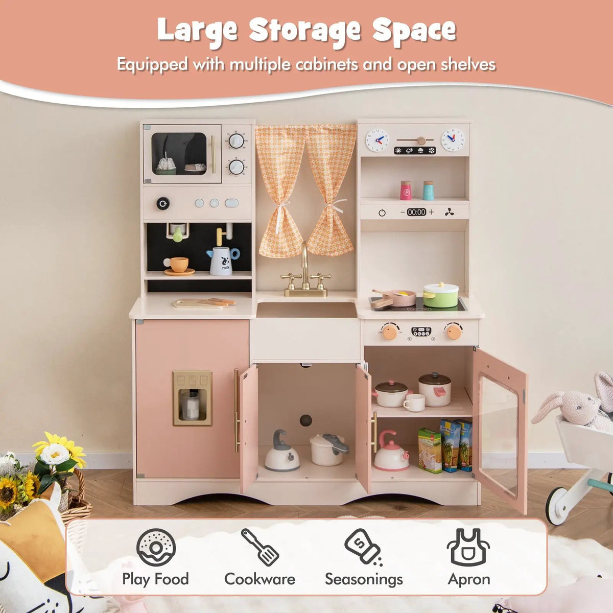 Kids kitchen playset with microwave and coffee maker in pastel pink and cream cabinets DirectDeals on Tampa Home & Garden Store