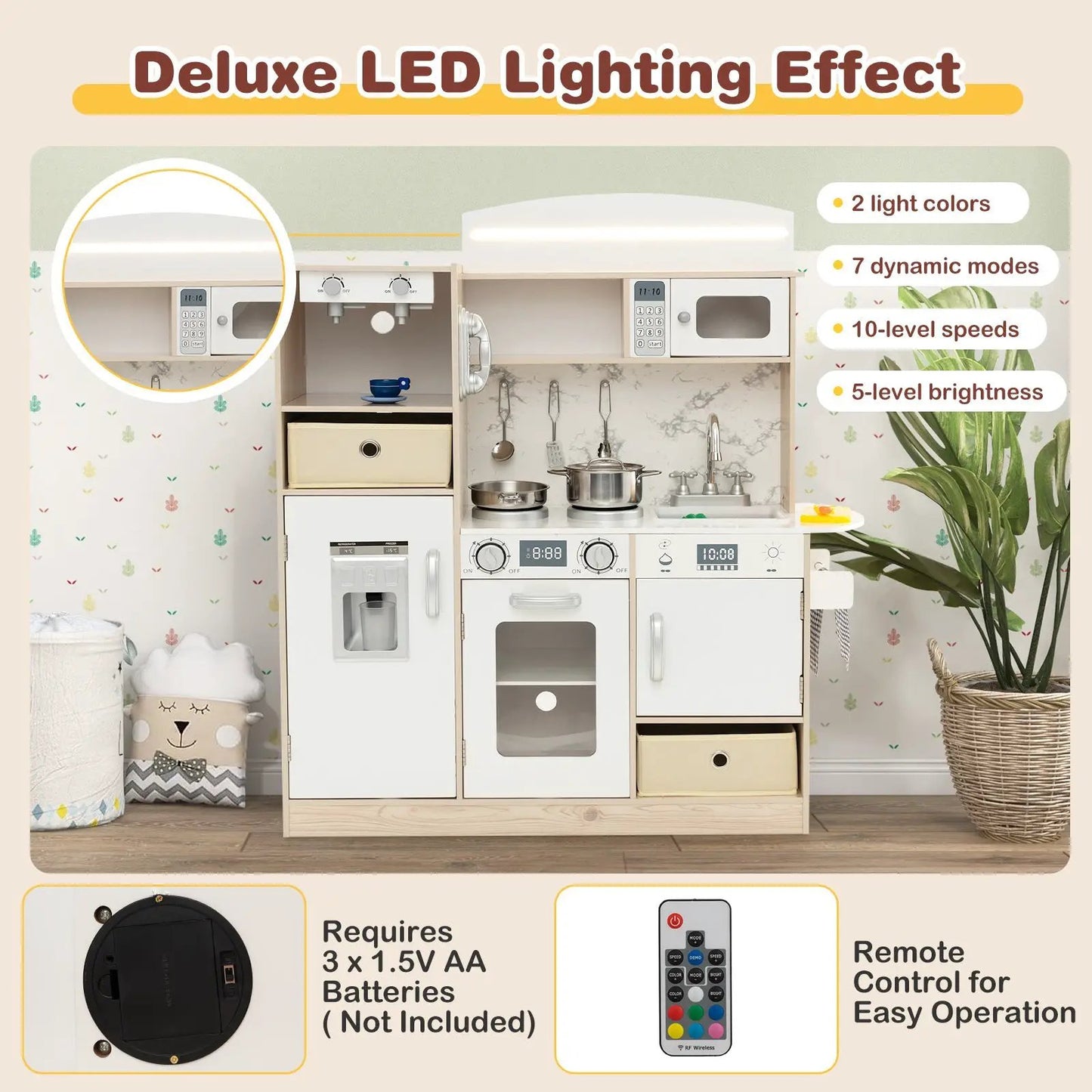Kids kitchen playset with adjustable LED lights, white and cream finish, stove, sink, oven on Tampa Home & Garden Store