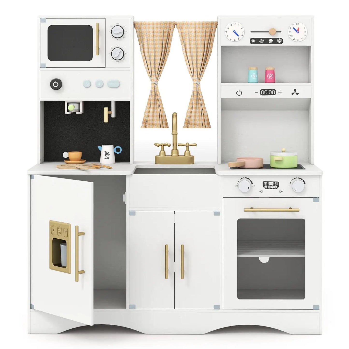Kids kitchen playset with microwave and coffee maker, white cabinets and brass hardware on Tampa Home & Garden Store