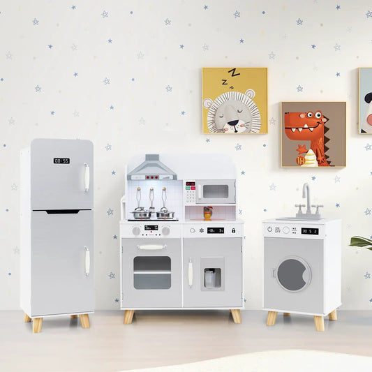 Kids Kitchen Playset 3-in-1 Refrigerator and appliances in grey with wooden legs on Tampa Home & Garden Store
