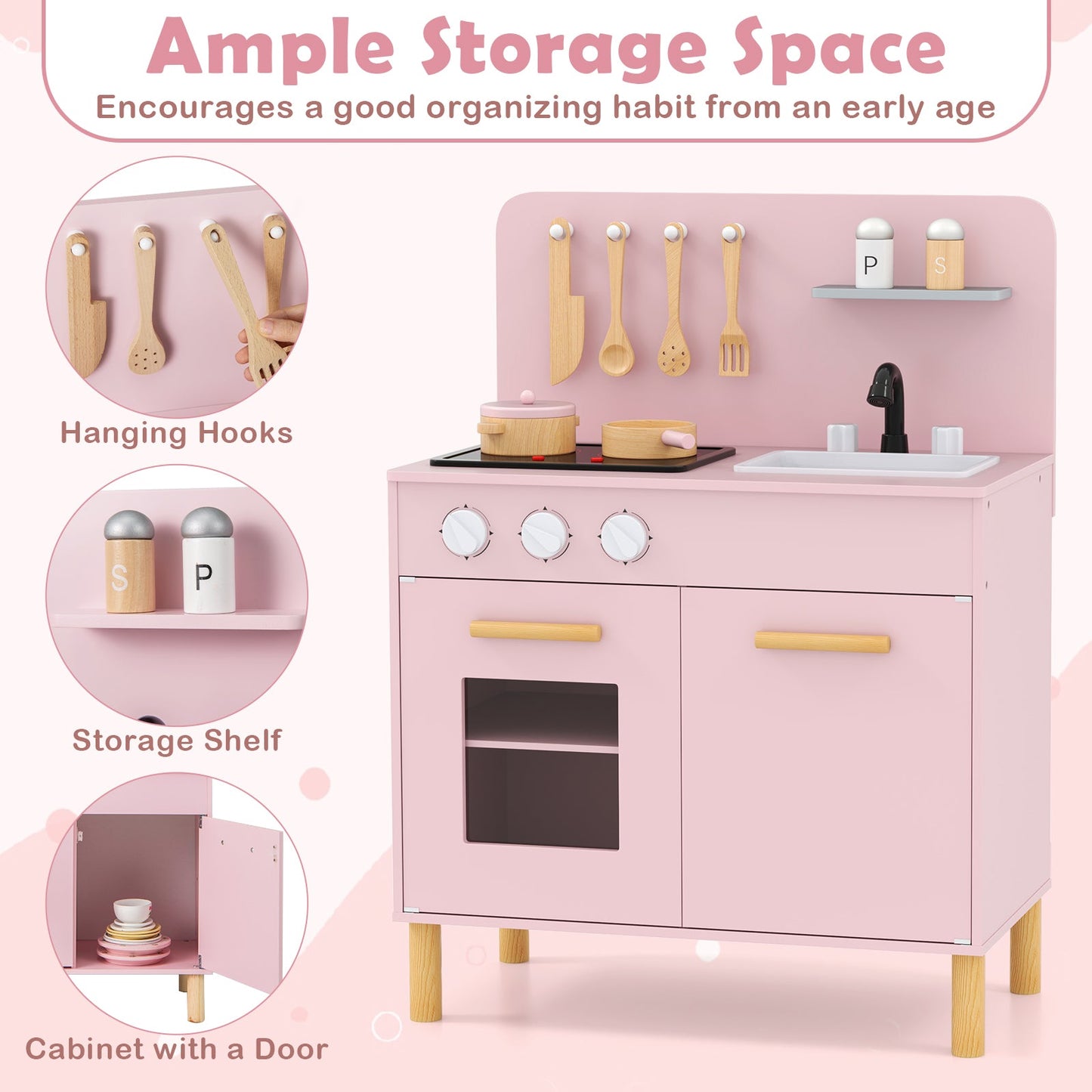 DirectDeals Kids wooden pink kitchen playset with hanging utensils, storage shelf, and oven on Tampa Home & Garden Store