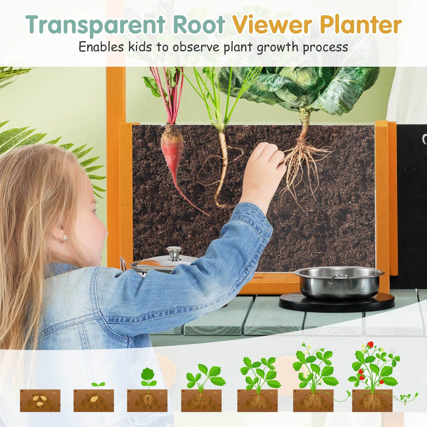 Kids Kitchen Playset with Root Viewer Planter in orange-framed wooden unit on Tampa Home & Garden Store