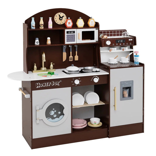 Wooden kids kitchen set with coffee maker, stovetop, sink and microwave in brown gray finish on Tampa Home & Garden Store