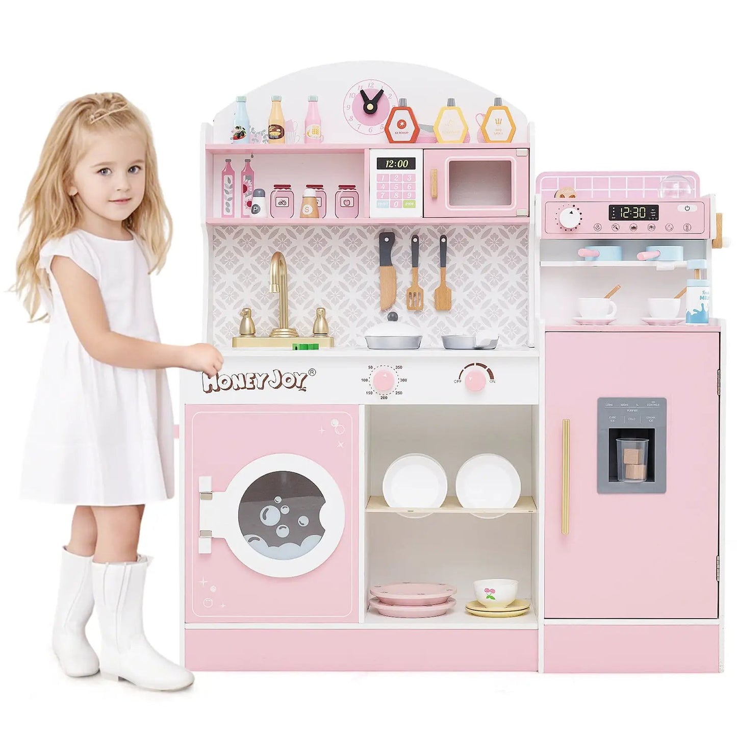 Wooden kids kitchen set with coffee maker in pink, includes sink and microwave, Honey Joy brand on Tampa Home & Garden Store