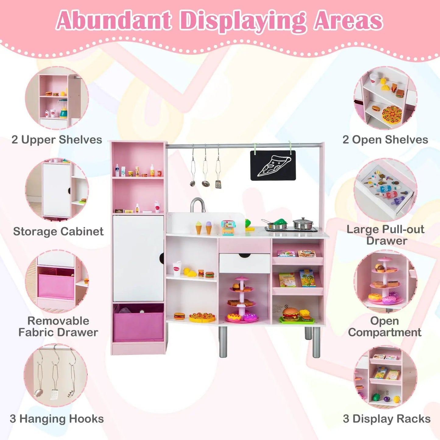 2-in-1 Kids Kitchen and Market Playset Lights with pink finish and 2 upper shelves on Tampa Home & Garden Store