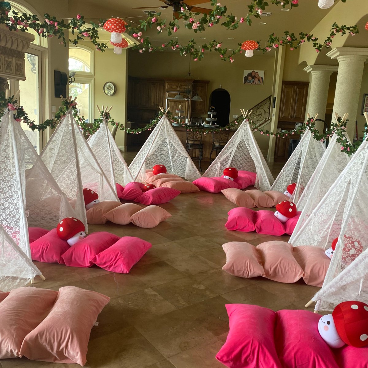Chicky Chicky Bling Bling Dainty Lace Teepee Tent set white ivory lace with pink cushions on Tampa Home & Garden Store