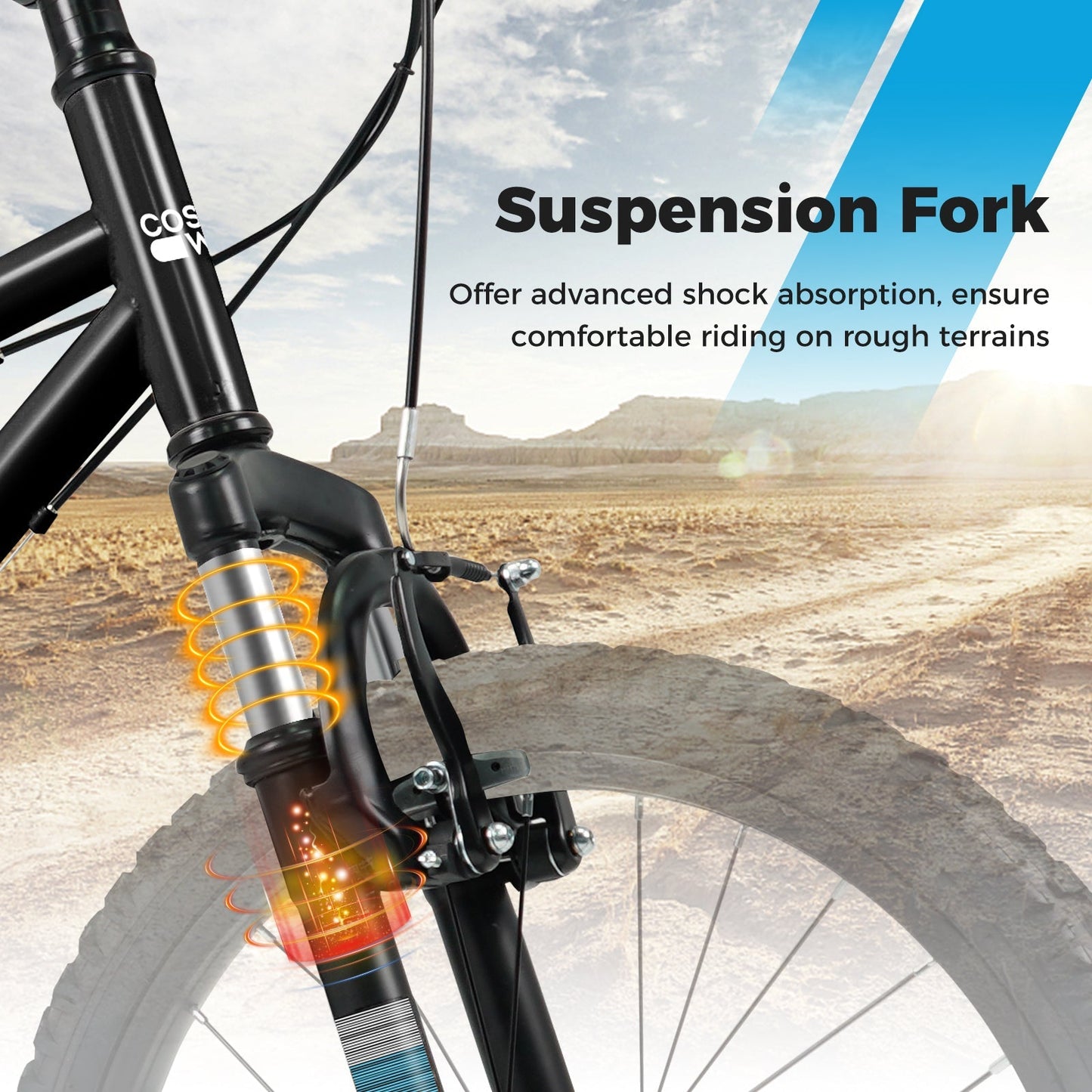 Kids mountain bike front suspension fork on a black frame with orange coil detail on Tampa Home & Garden Store