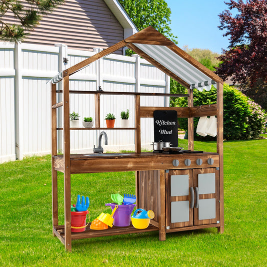 Kid's Mud Kitchen Outdoor Solid Wood Mud Kitchen with Canopy-Natural - Tampa Home & Garden Store