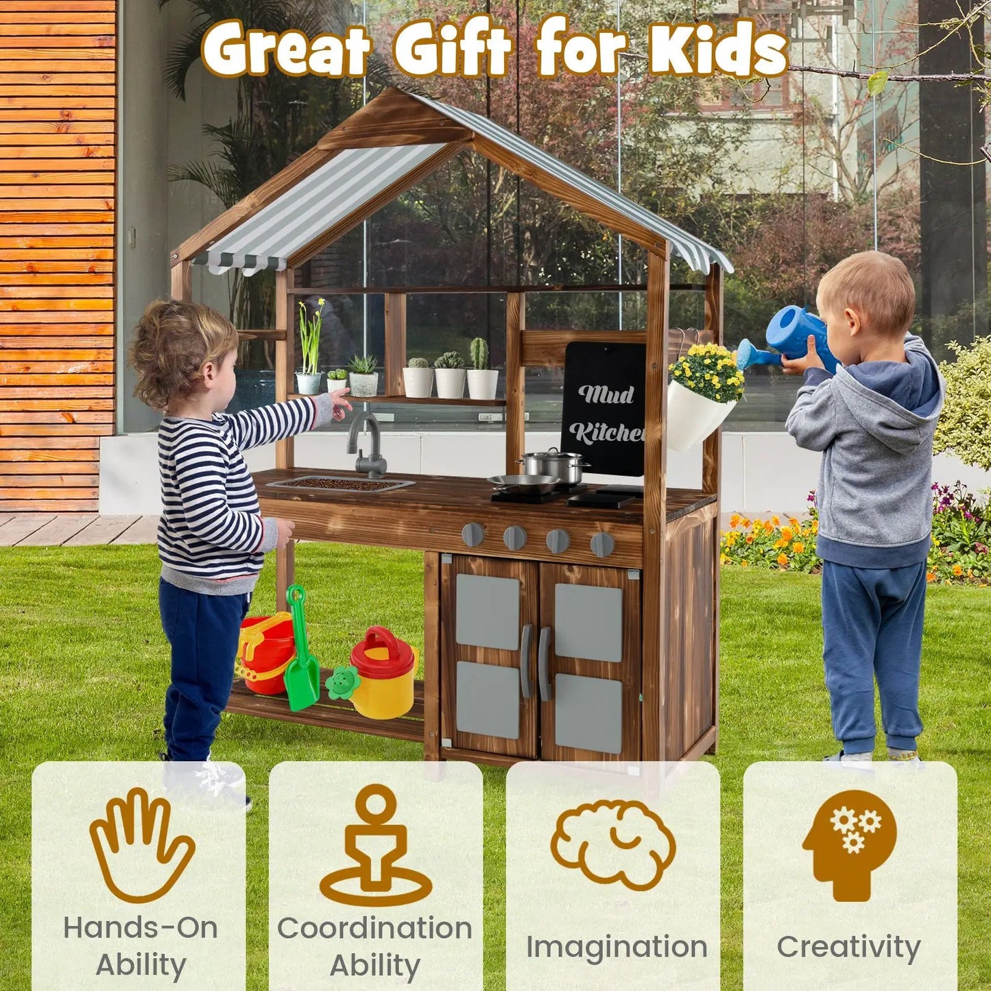 Kid's Mud Kitchen Outdoor Solid Wood Mud Kitchen with Canopy-Natural - Tampa Home & Garden Store
