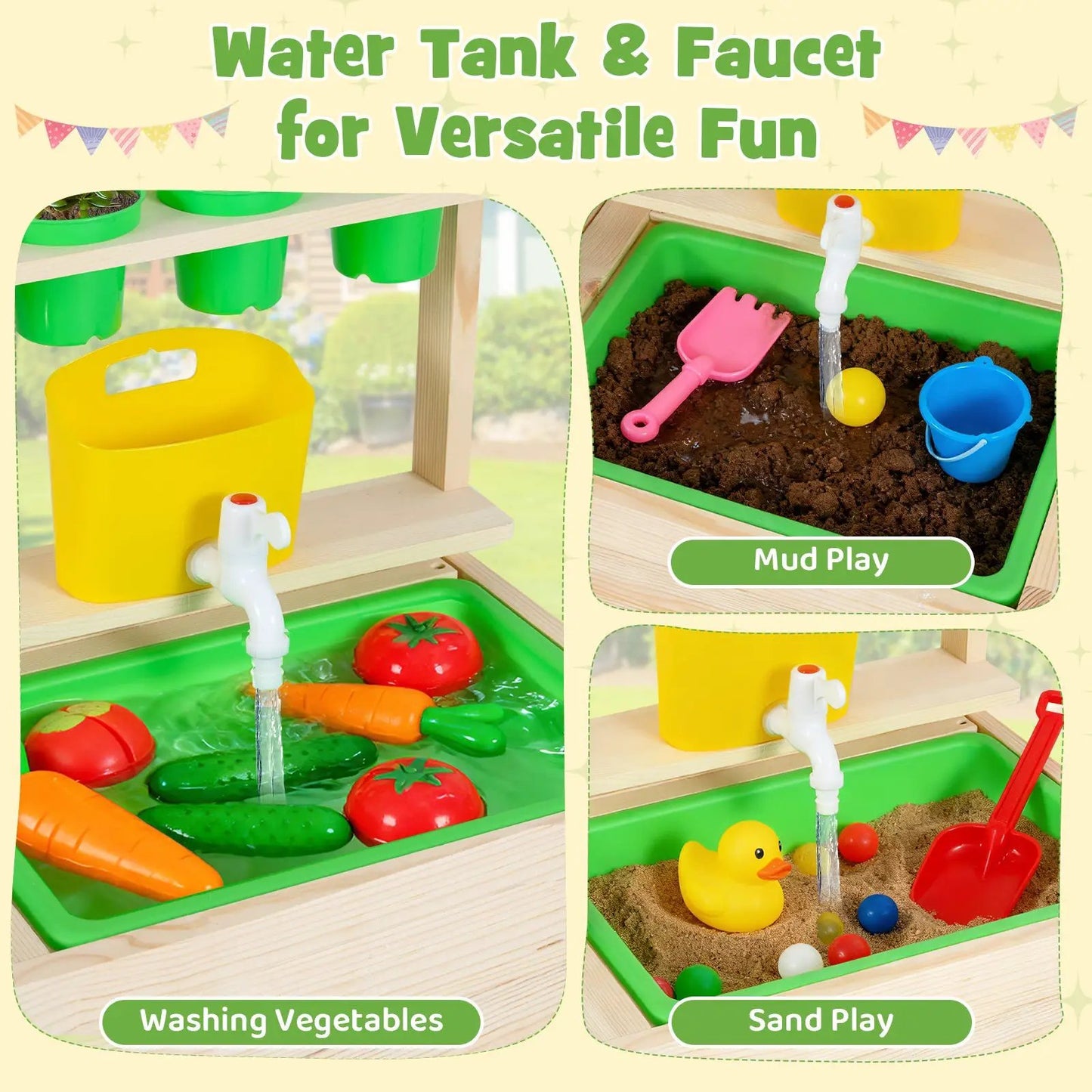 Kids Mud Kitchen Play Set with Chalkboard, wooden frame, green trays and yellow water tank on Tampa Home & Garden Store