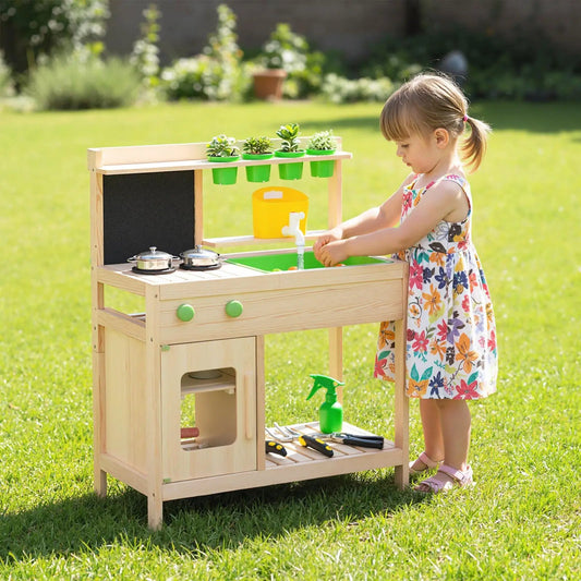 Kids Mud Kitchen Play Set with Chalkboard in natural wood and green knobs with pretend sink on Tampa Home & Garden Store