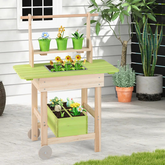 Kids Mud Kitchen with removable pots and planting trough, wooden play kitchen with lime top on Tampa Home & Garden Store