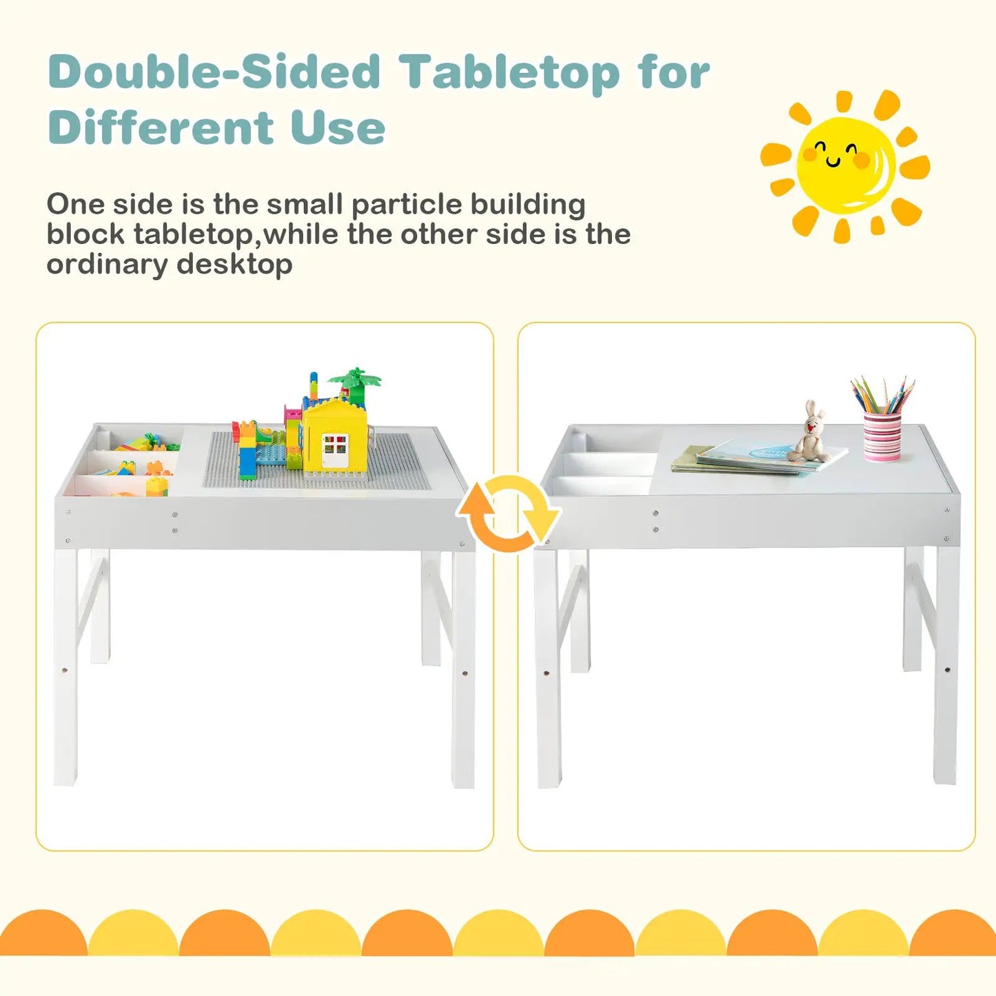 Wooden kids table with storage and double-sided tabletop; left blocks, right books on Tampa Home & Garden Store
