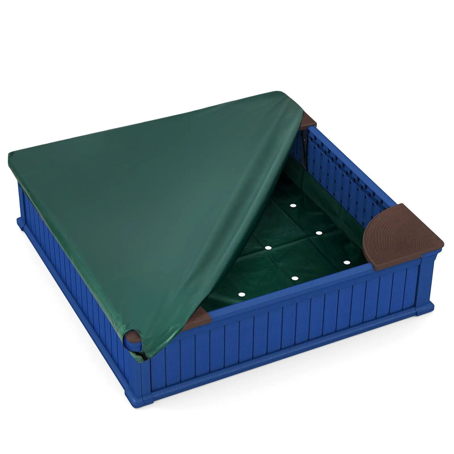 Kids Outdoor Sandbox with Oxford Cover and Four Corner Seats, blue frame with green cover on Tampa Home & Garden Store