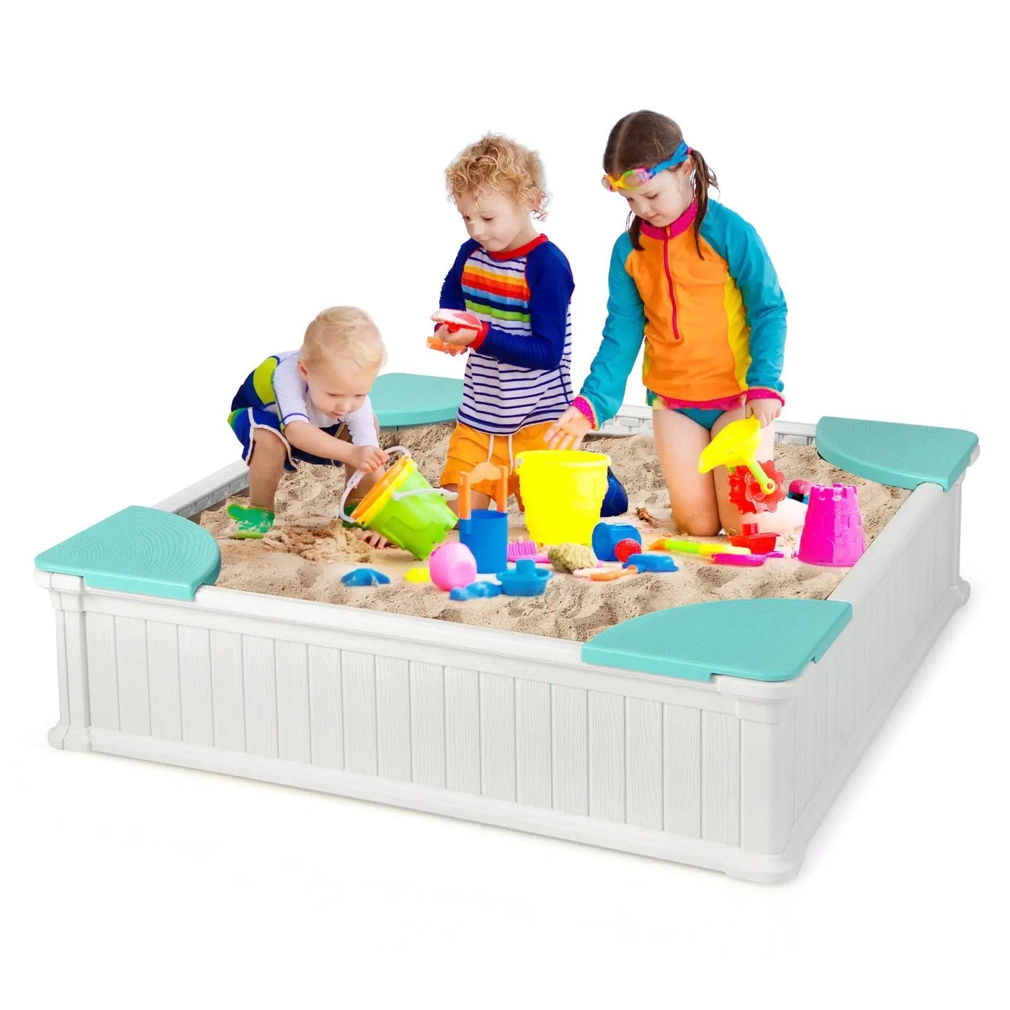 Kids Outdoor Sandbox with Oxford Cover and 4 Corner Seats, 3 kids playing with sandy toys on Tampa Home & Garden Store