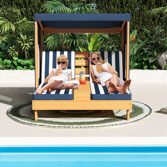 Kids Patio Lounge Chair with Cup Holders, duo navy striped cushions and blue canopy DirectDeals on Tampa Home & Garden Store