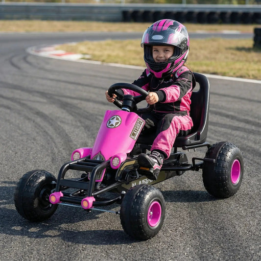 Pink DirectDeals kids pedal go kart with steering wheel, black chassis, pink wheels on Tampa Home & Garden Store