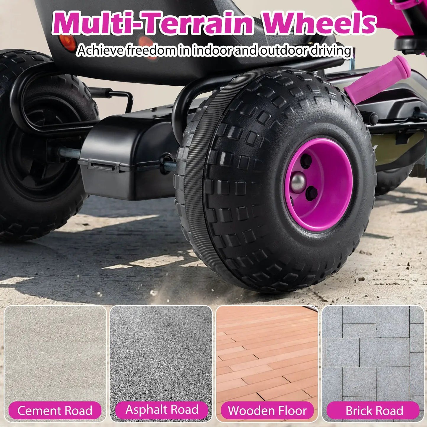 Kids Pedal Go Kart with Steering Wheel and Gear, black frame, pink wheel rims, rugged tires on Tampa Home & Garden Store