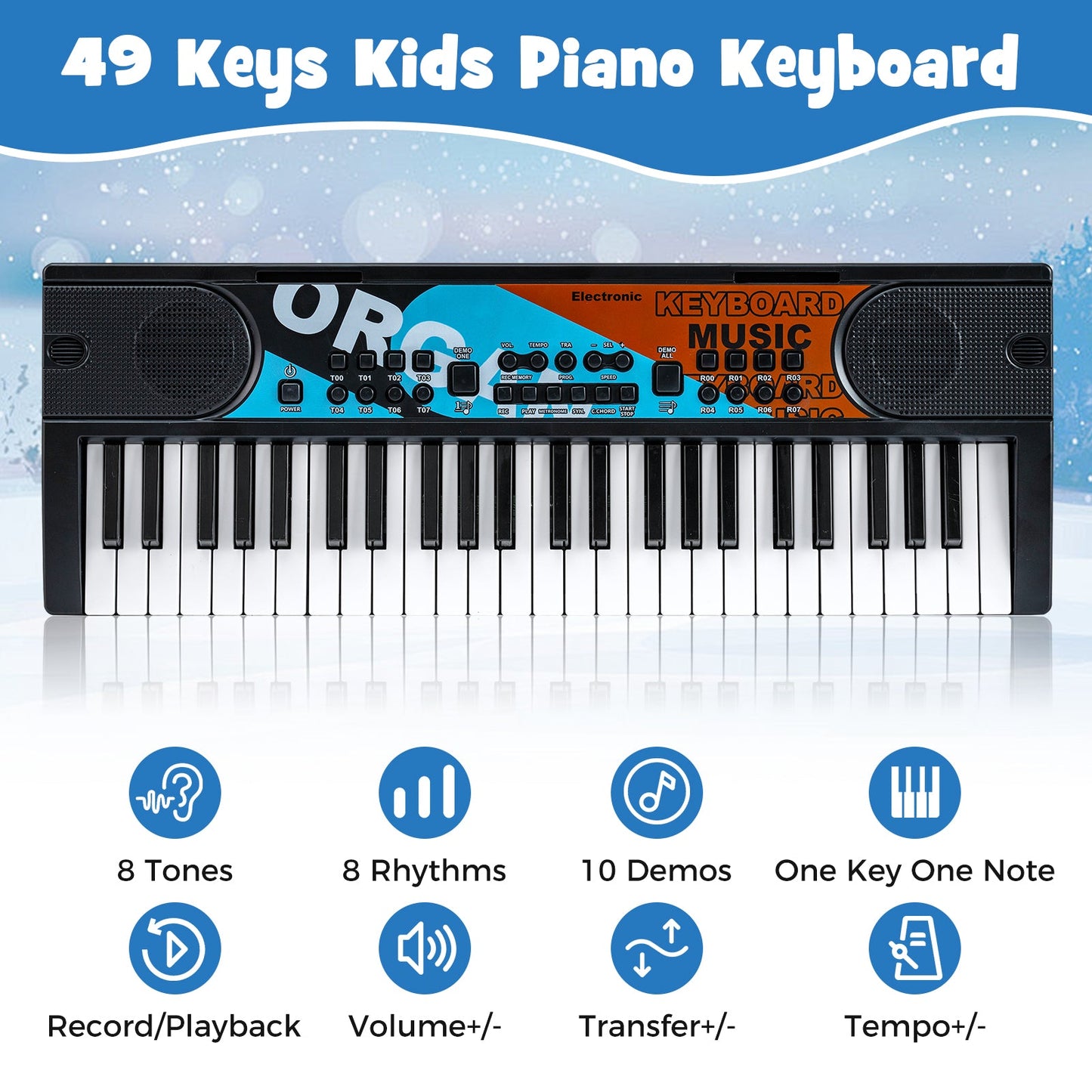 Kids 49-key portable keyboard DirectDeals with blue and orange graphic panel on Tampa Home & Garden Store