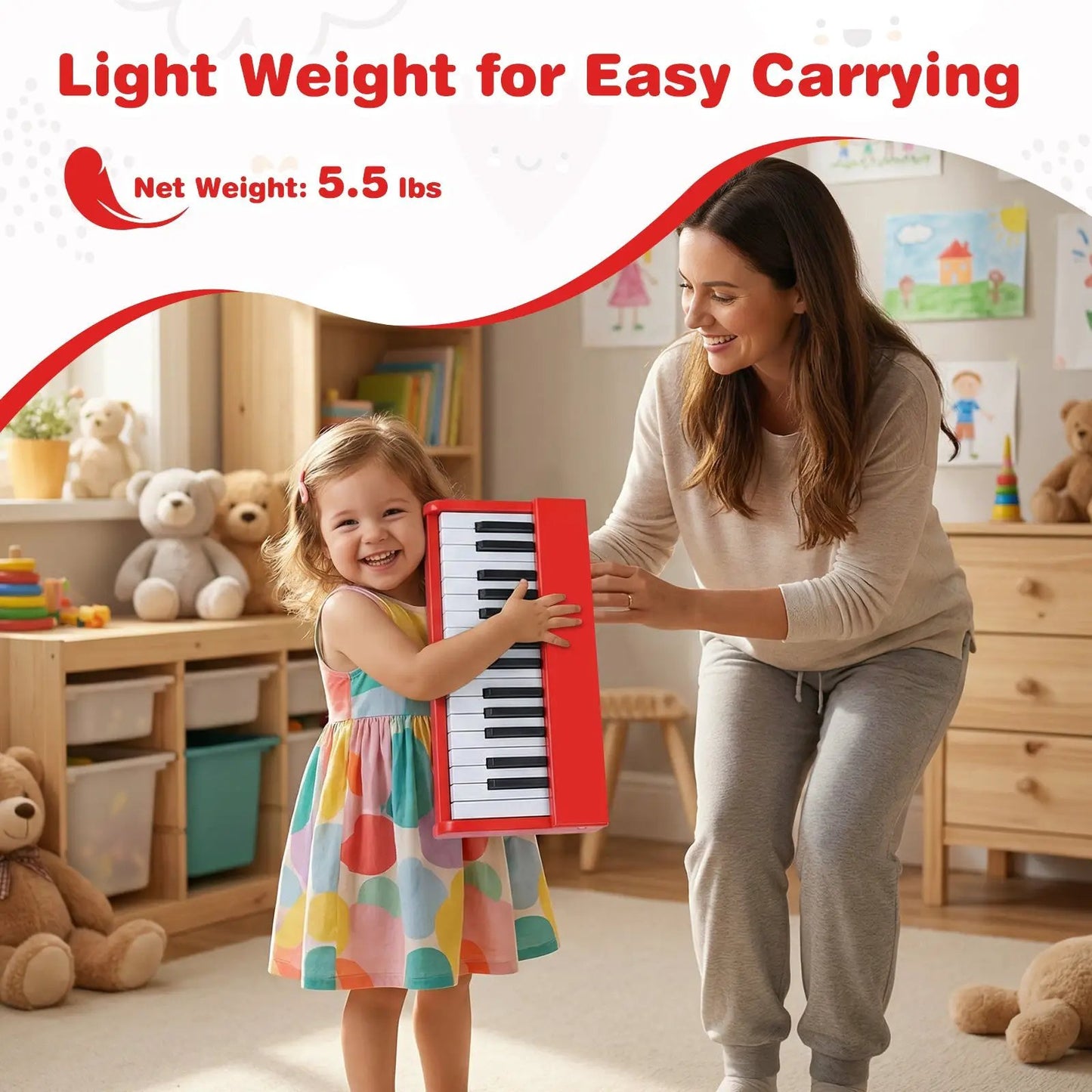 Kids 30-key red digital piano DirectDeals held by a smiling girl with an adult in a playroom on Tampa Home & Garden Store