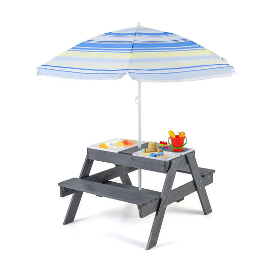 Kids Picnic Table Set with 3 Removable Bins, gray wood finish, blue-yellow striped umbrella on Tampa Home & Garden Store