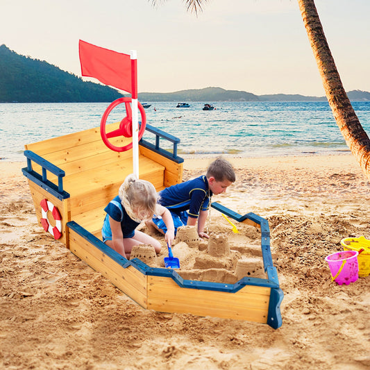 Kids Pirate Boat Wooden Sandbox Children Outdoor Playset - Tampa Home & Garden Store