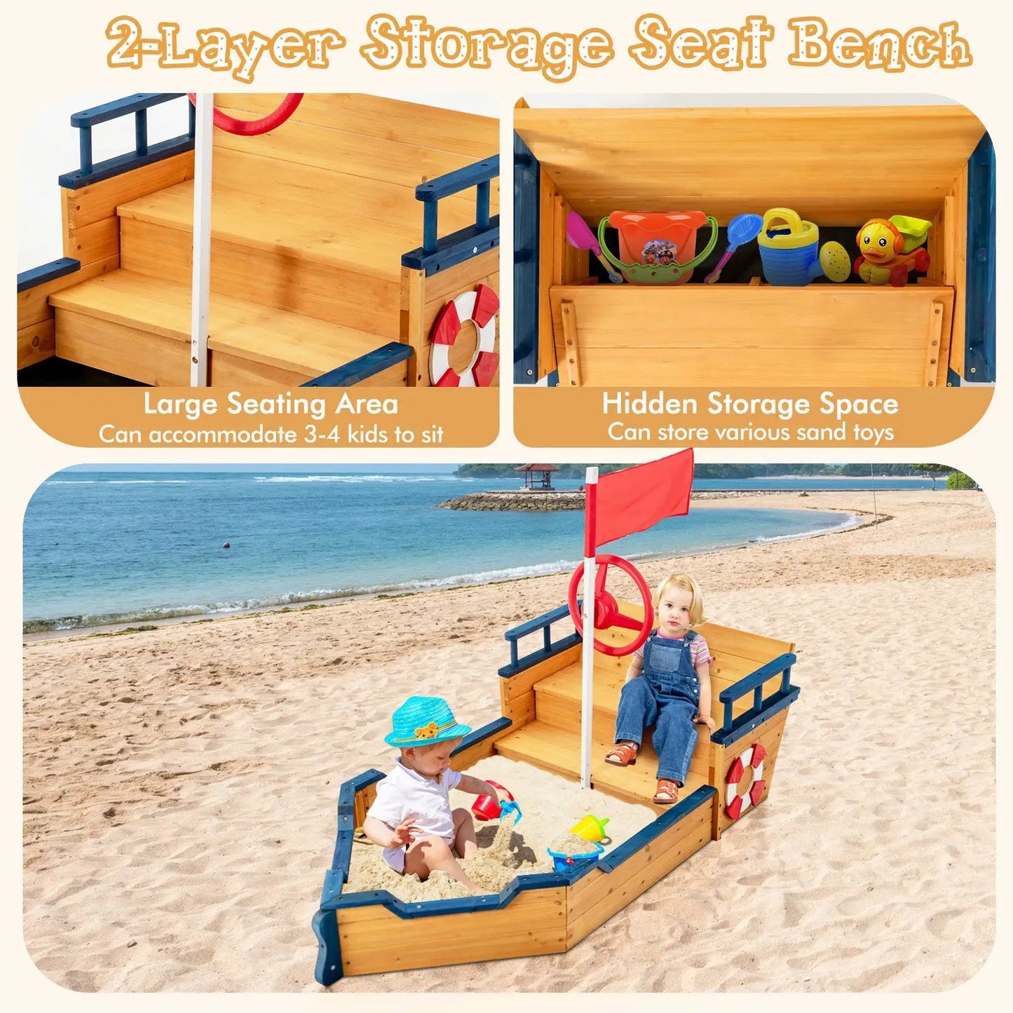 Kids Pirate Boat Wooden Sandbox Children Outdoor Playset - Tampa Home & Garden Store