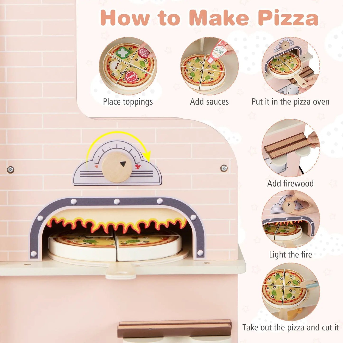 Kids Pizza Truck Pretend Play Cart Pink Oven, wooden toy kitchen DirectDeals on Tampa Home & Garden Store