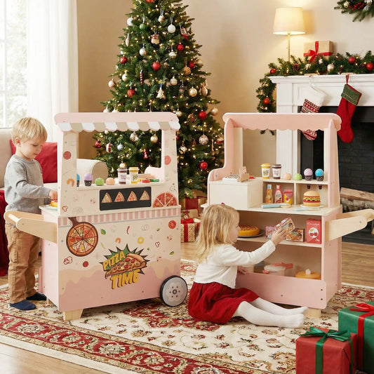 Kids Pizza Truck Pretend Play Cart Pink Oven, two pink wooden carts in a festive living room on Tampa Home & Garden Store