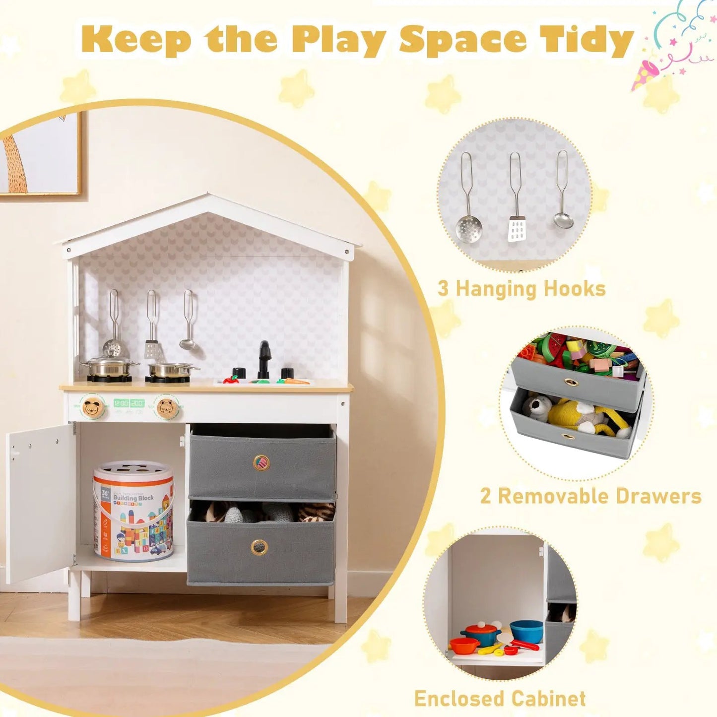 Kids Play Kitchen with 2 Stoves and Knobs, white/gray cabinet with 3 hanging utensil hooks on Tampa Home & Garden Store