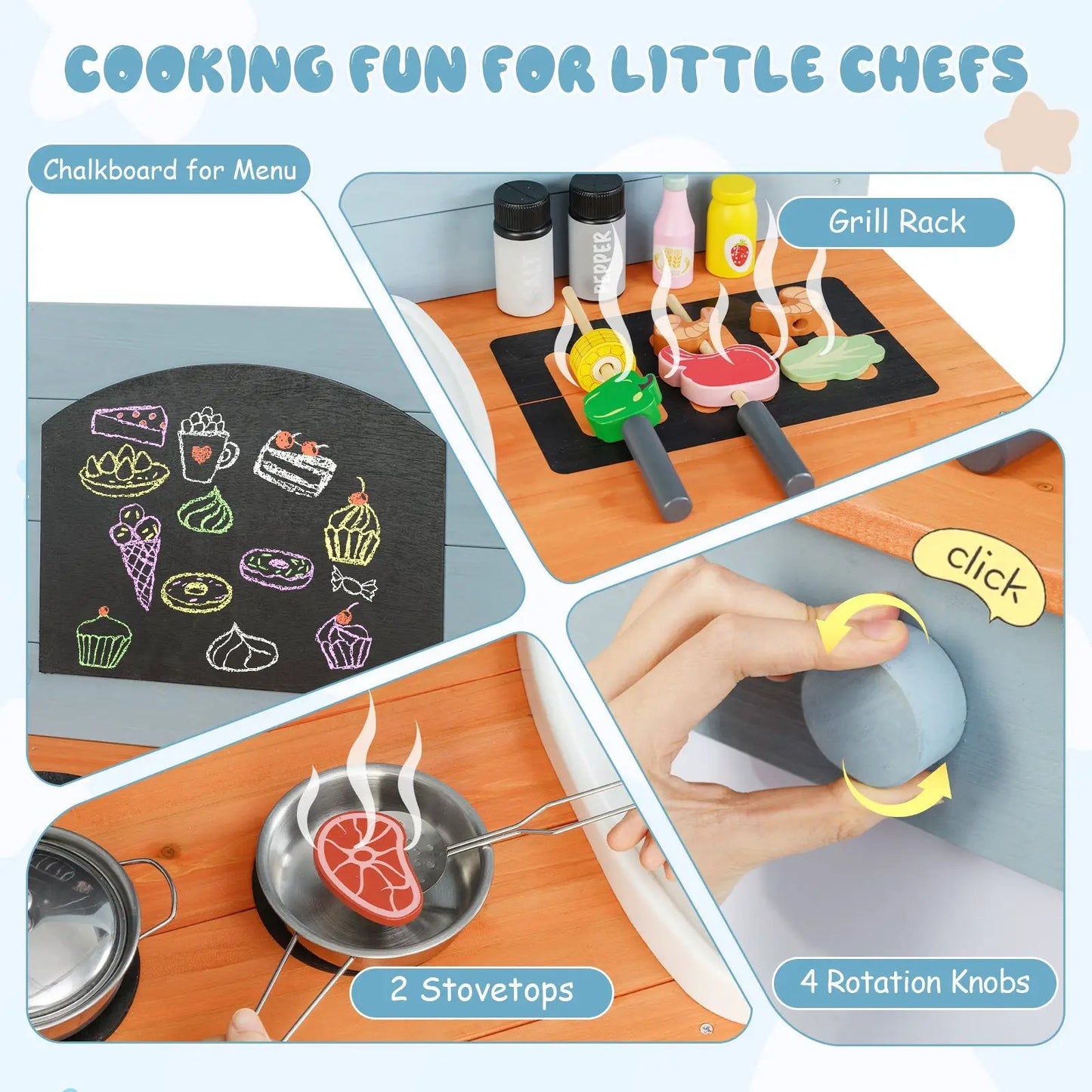 Kids Play Kitchen Set with Stoves Blue featuring 2 stovetops, chalkboard menu, and grill rack on Tampa Home & Garden Store