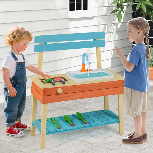 Kids Play Kitchen Set Wooden Kitchen Playset Chef Pretend Mud Kitchen-Blue - Tampa Home & Garden Store