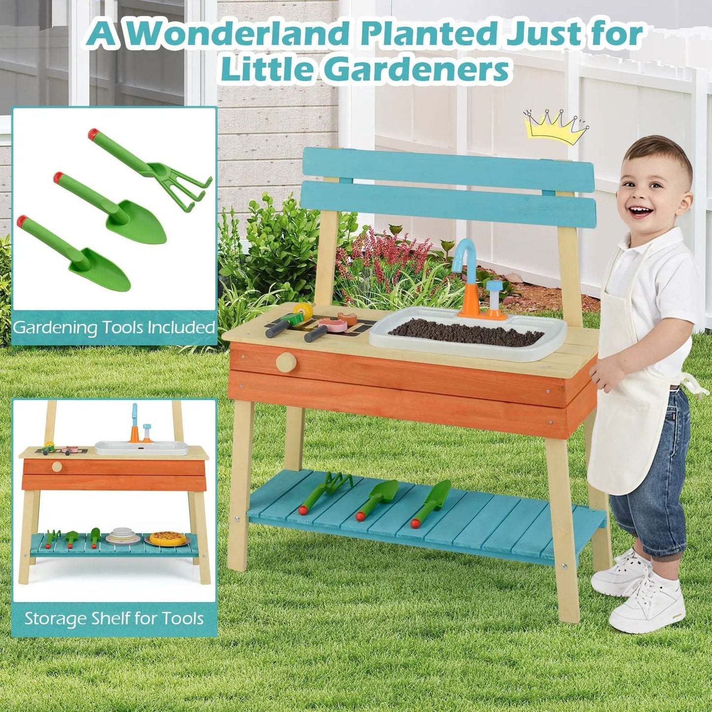 Kids wooden kitchen play set with blue teal finish and gardening tools included on Tampa Home & Garden Store