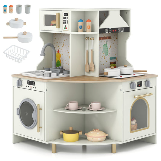 Kids Play Kitchen Wooden Corner Kitchen Playset with Working Faucet and Sink-Beige - Tampa Home & Garden Store