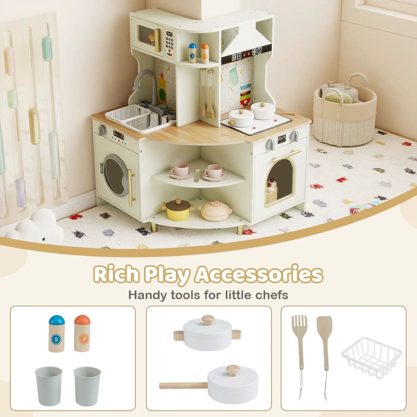 Kids Play Kitchen Playset beige wood with sink faucet, stove and oven, includes utensils on Tampa Home & Garden Store