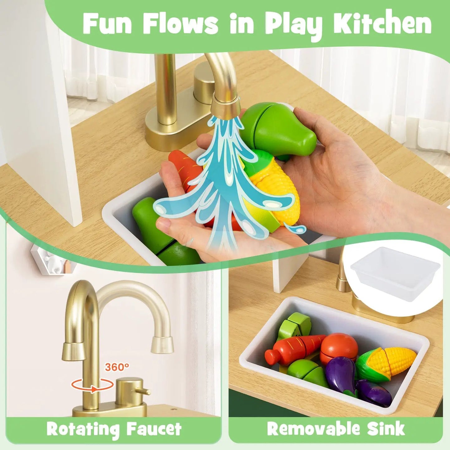 DirectDeals Kids Play Kitchen with rotating brass faucet, removable sink and toy vegetables on Tampa Home & Garden Store