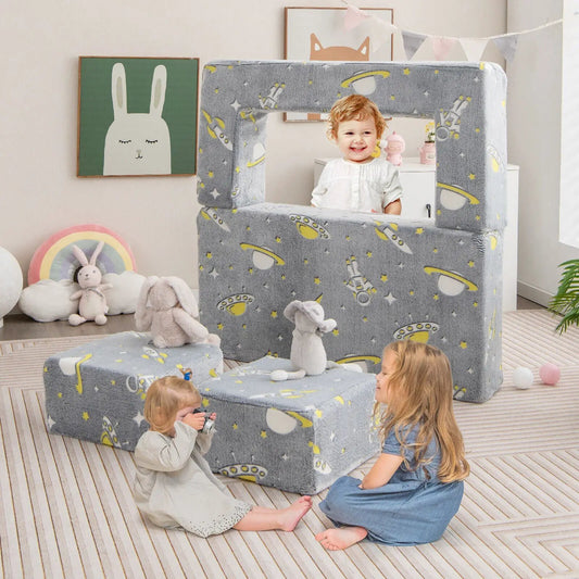 DirectDeals Kids Play Sofa with Ottoman, gray space-print removable cover set on Tampa Home & Garden Store