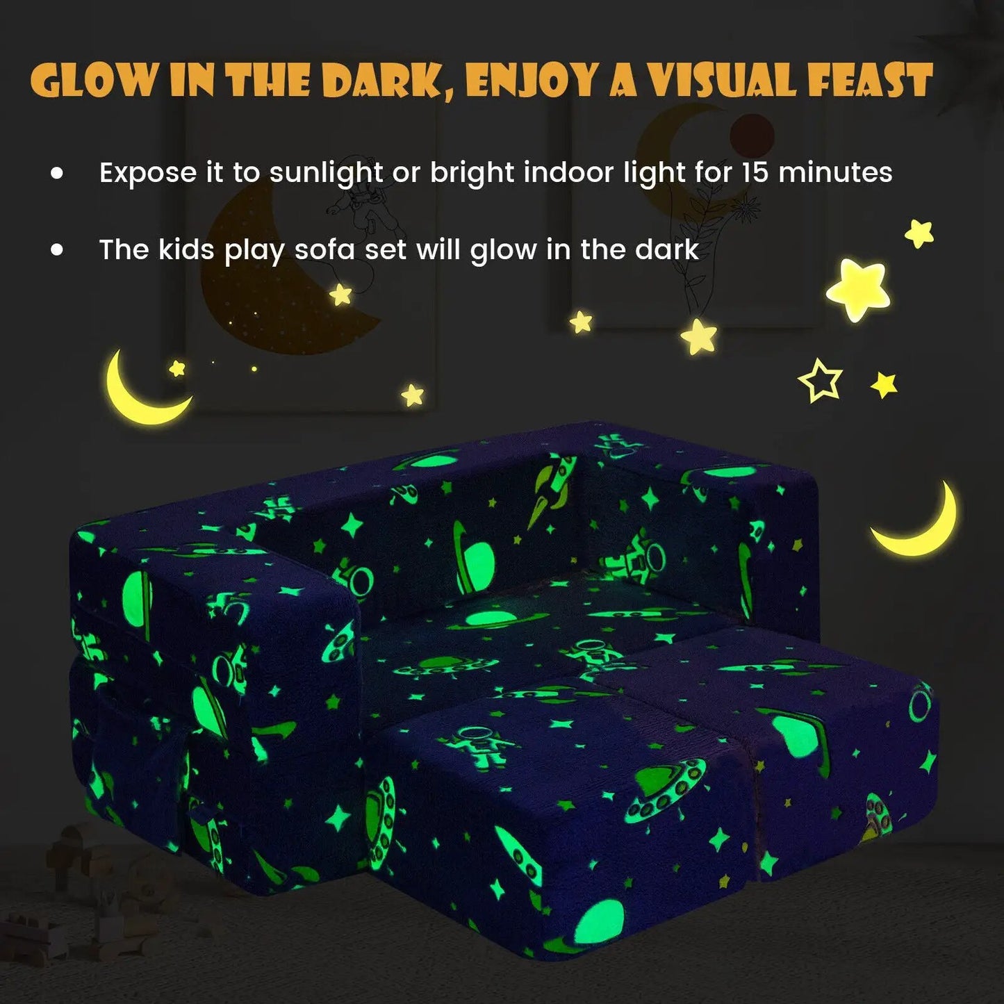 Kids Play Sofa with Ottoman in navy blue glow space print, removable cover on Tampa Home & Garden Store