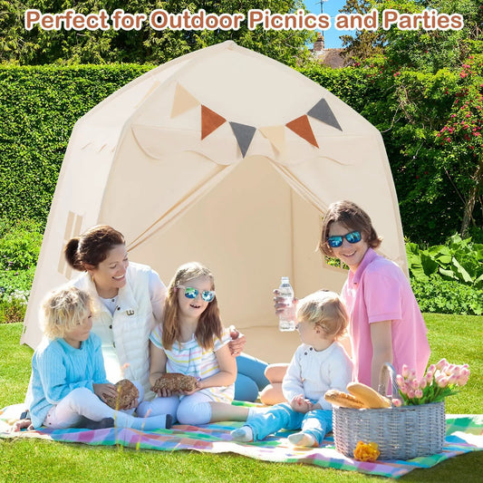 Kids bed tent with string lights and playhouse in beige canvas, outdoor family picnic scene on Tampa Home & Garden Store