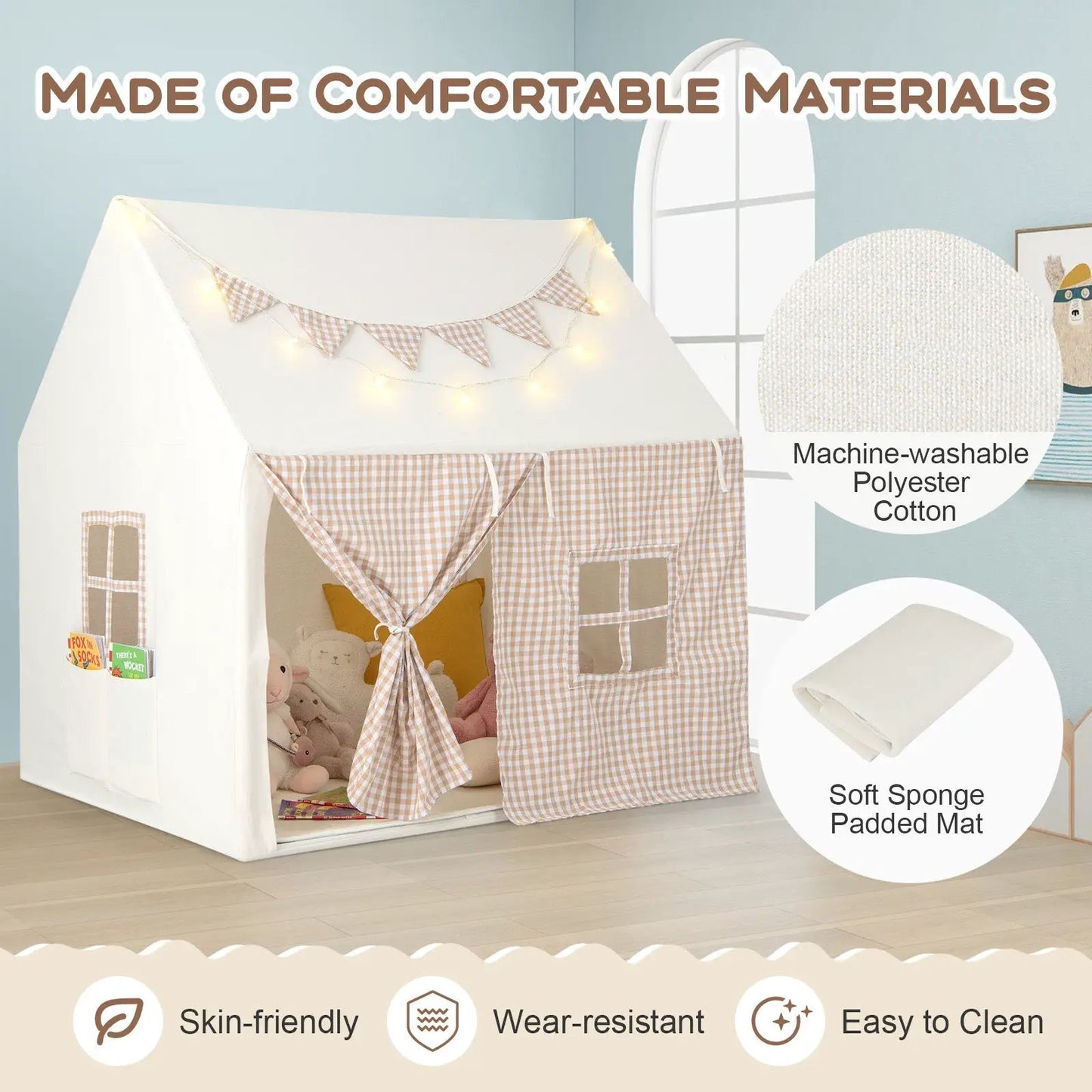 DirectDeals Kids Play Tent Large Playhouse with Padded Mat beige plaid fabric on Tampa Home & Garden Store