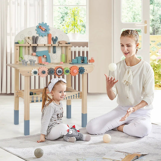 Kids Tool Workbench with Realistic Accessories, wooden toy with pastel gears and dial on Tampa Home & Garden Store